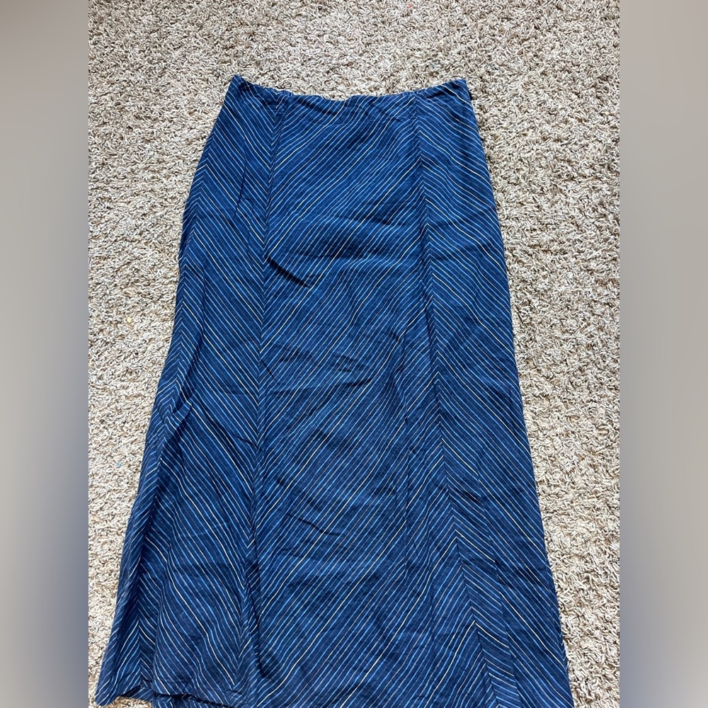 J Jill Love Linen Women Size Small Skirt Blue Striped Flare Long Knee - Picture 2 of 6